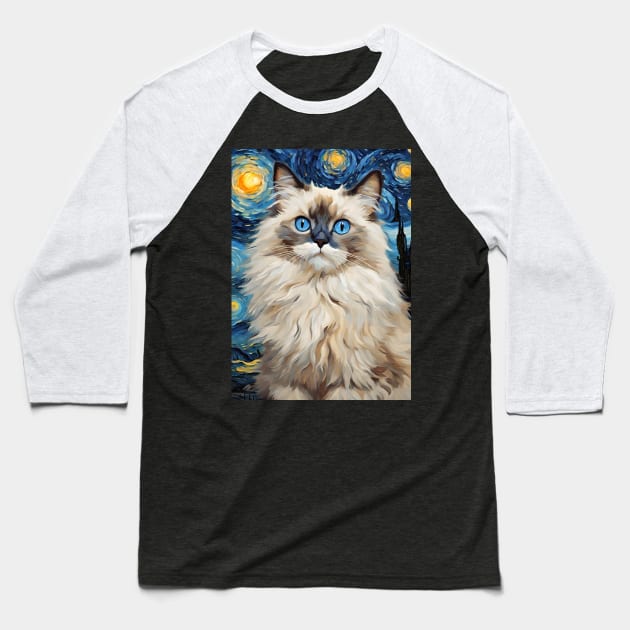 Cute Ragdoll Cat Breed Painting in a Van Gogh Starry Night Art Style Baseball T-Shirt by Art-Jiyuu